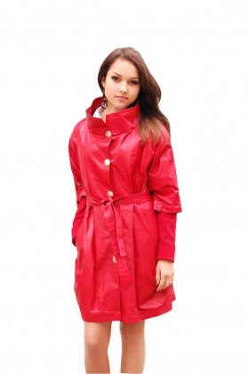 Женский кожаный кардиган красного цвета без капюшона  glp-274